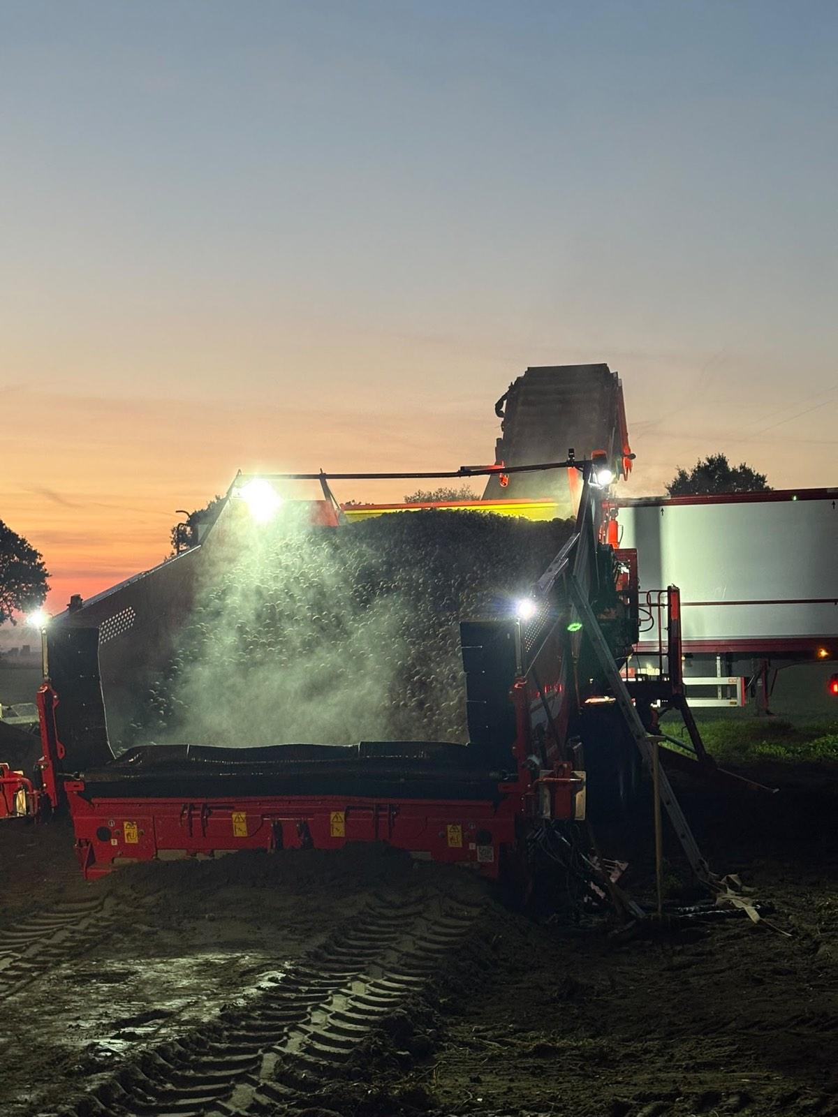 De rooier stort aardappelen over in de schemering, met de werklampen aan en een stofwolk